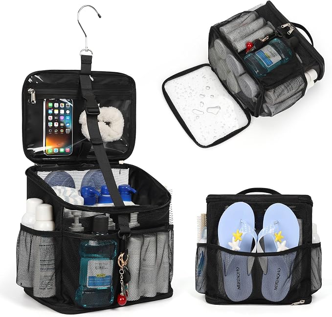 CUBETASTIC Shower Caddy Portable Mesh Shower Tote for Bathroom, Gym, Travel, Camping - Quick Dry Hanging Organizer Toiletry Bag with Handle for College Dorm Room, Men & Women (A# Black, 9.8") by CUBETASTIC