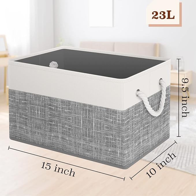 StorageTastic Storage Bin,Collapsible Storage Basket For Organizing,Large Storage Boxes With Rope Handles,Storage Containers,White & Grey,2 Pack - Image 2