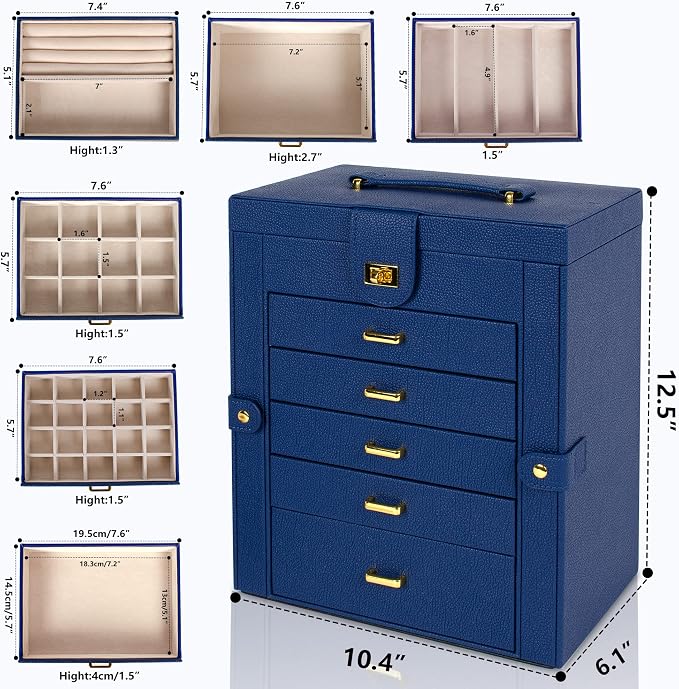 AKOZLIN Large Jewelry Box Organizer Functional with Big Mirror, Leather Jewelry Storage Case for Women Girls Ring Necklace Earring Bracelet Holder Organizer Blue - Image 3