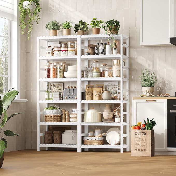 FOTOSOK 6-Tier Bamboo Shelf, Bamboo Bookcase with Adjustable Shelves, Free Standing Storage Shelf Unit, Plant Flower Stand for Bathroom, Kitchen, Home Office, White - Image 4
