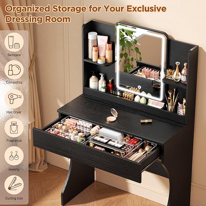 Small Vanity Desk with Mirror and Lights, Makeup Vanity with Storage Drawer, 2 Shelves and 3 Compartments - Black
