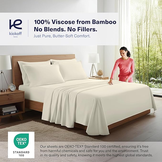 Kickoff Viscose Bamboo Sheets Short Queen Size 4-pc 100% Organic Bamboo Viscose Bed Cooling Sheets Short Queen Size Set Cool Bedding for hot sleepers sheet, Flat, Fitted, Pillowcases (Buttercream, SQ)