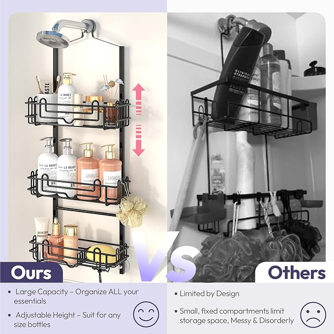SWTYMIKI Shower Caddy Hanging Organizer - 3-Tier Rustproof Shower Organizer Over Showerhead with Adjustable Baskets, 24 Hooks, Soap & Razor Holder - No Drill Large Bathroom Storage Rack, Black - Image 3