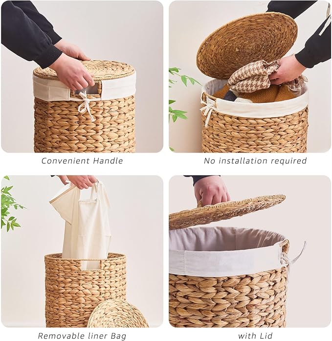 Round Water Hyacinth Laundry Hamper with Lid Handwoven Wicker Basket with Handles for Dirty Clothes, Storage, and Organization Ideal for Bedroom, Bathroom, and Laundry Room, No Assembly Required, 2Pcs - Image 4