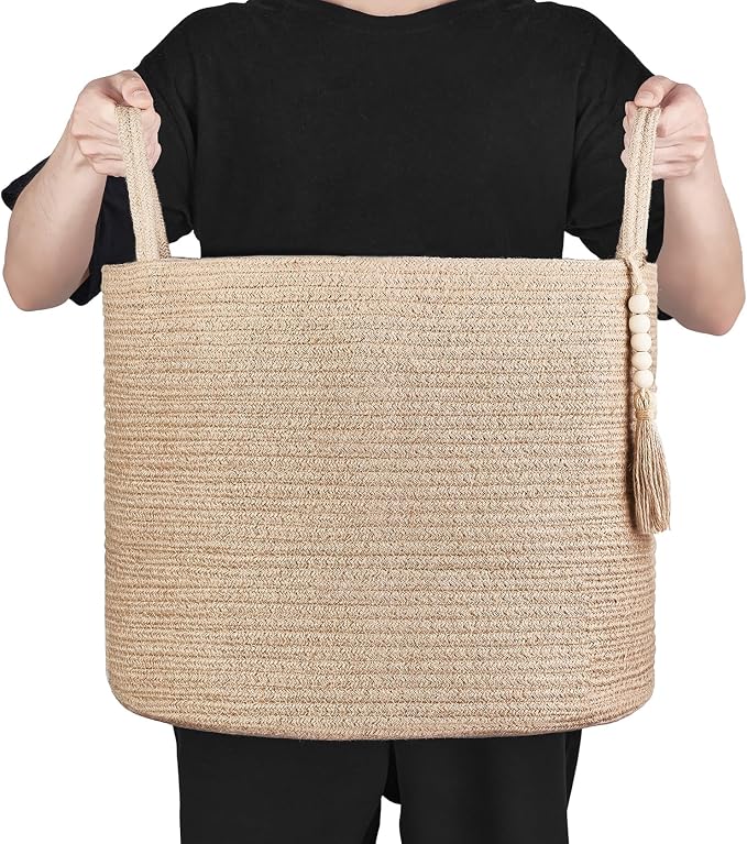Mkono Woven Storage Basket Decorative Natural Rope Basket Wooden Bead Decoration for Blankets,Toys,Clothes,Shoes,Plant Organizer Bin with Handles Living Room Home Decor, Jute, 16" W × 13.8"L - Image 6