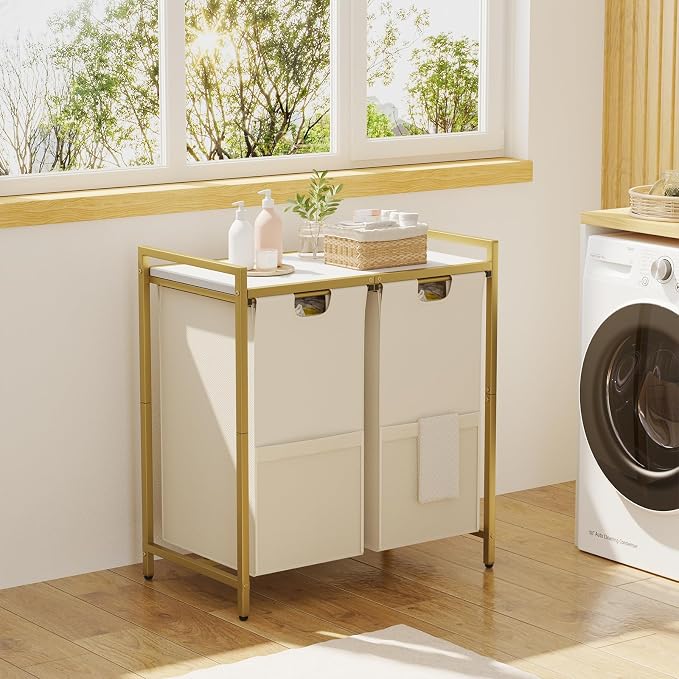 Huhote Laundry Hamper, double Laundry Basket, Laundry Sorter with Top Shelf & 2 Removable Washable Bags & Side Pockets for Laundry Room organization, Bathroom and Dorm, Gold and White - Image 5