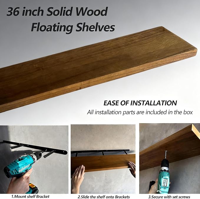ROGMARS 36 Inches Long Walnut Floating Shelves,Rustic Solid Wood Farmhouse Wall Shelves with Invisible Brackets for Bathroom, Living Room, Bedroom, Kitchen Set of 2 - Image 2