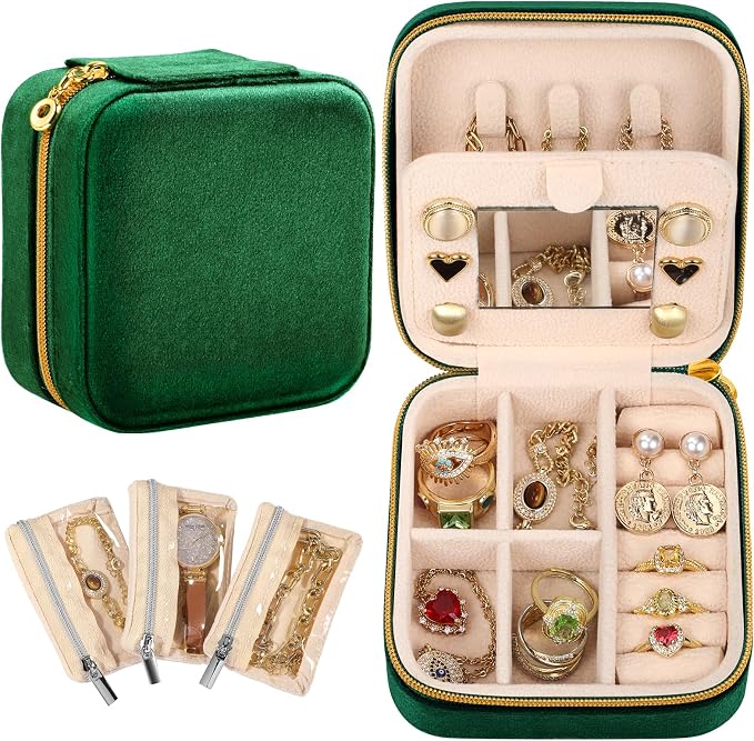 Bistup Travel Jewelry Case - Small Jewelry Organizers and Storage Box for Women Girls Teens Cute Traveling Jewelry Holder with Mirror Little Tiny Compact Modern Unique Aesthetic Pretty, Geen by Bistup