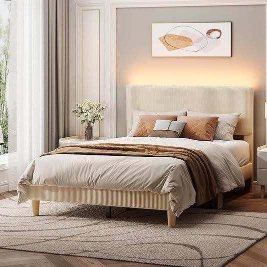 Bestier Full Bed Frame with Adjustable Headboard, LED Lighting, Vertical Channel Tufted Corduroy Upholstered, Solid Wooden Slats Support, No Box Spring Needed, Never Squeaks, Easy Assembly, Beige