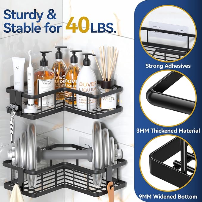 YASONIC Corner Shower Caddy, 5-Pack Adhesive Rustproof Stainless Steel Shower Organizer with Soap Holder, No Drilling Shower Shelf for Inside Shower, Dorm, Renters, Black - Image 4