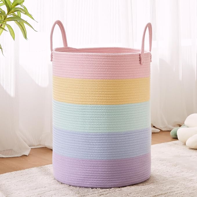 15Dx20H inches Large Baby Girls Kids Hamper Rainbow Laundry Basket for Nursery Clothes Pastel Unicorn Woven Hamper Tall Blanket Basket in Playroom Bedroom 62L - Image 8