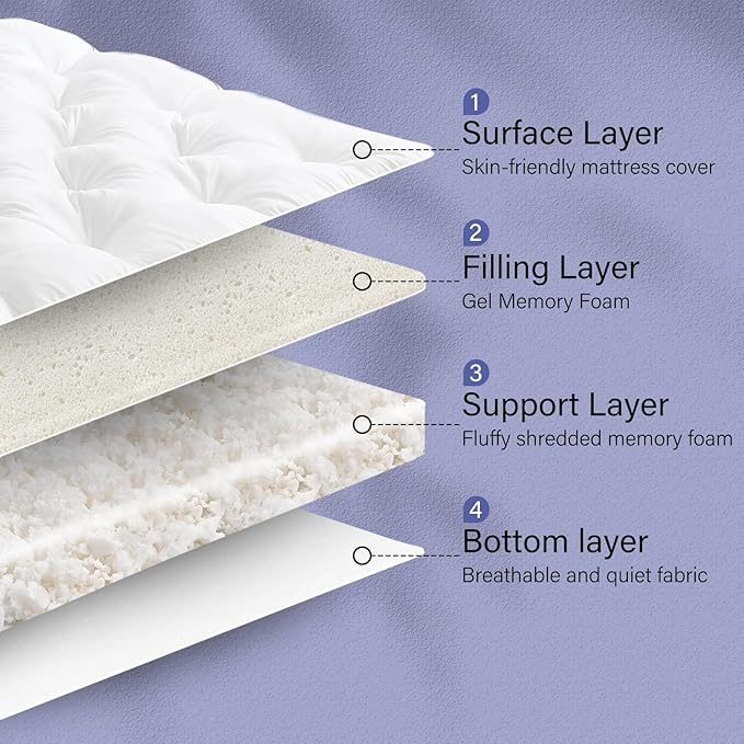 WhatsBedding 4 Inch Memory Foam Mattress Topper Twin for Back Pain Relief, Filled with Breathable Gel Memory Foam, Fluffy Comfort Supportive Pillow Top Mattress Topper, 75x39x4in