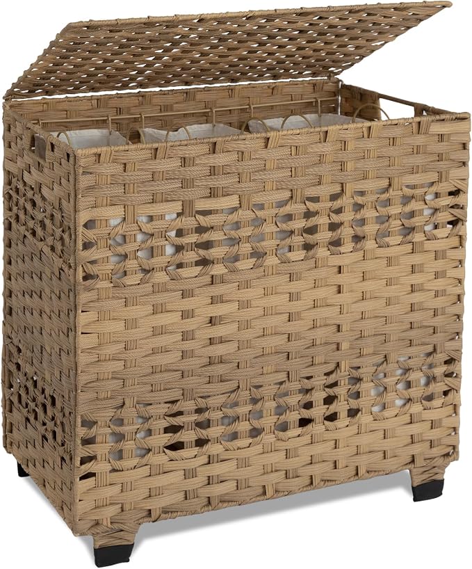 OIAHOMY Laundry Hamper with Lid, 140L Clothes Hamper with 3 Removable Liner Bags, Foldable Basket with Lid, Synthetic Wicker Laundry Basket for Bedroom, 27x 13 x 26 Inches, Yellow by MasterofSpaceOptimization
