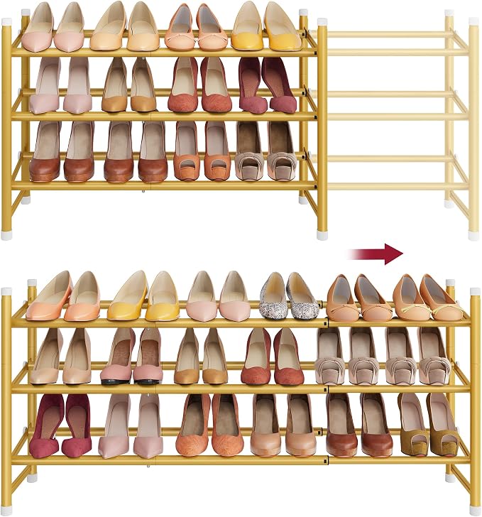 Tajsoon Expandable Shoe Rack for Closet 3 Tier, 28“-41“Adjustable & Stackable Shoe Shelf Storage, Metal Shoe Rack Organizer for Front Door Entrance, Closet, Garage, Entryway, Gold by Tajsoon