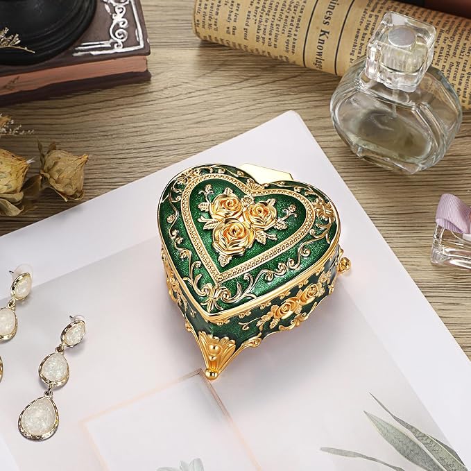 Hipiwe Vintage Jewelry Storage Box Heart Shaped Trinket Box Green Decorative Keepsake Box with Rose Pattern Treasure Organizer Holder for Women - Image 4