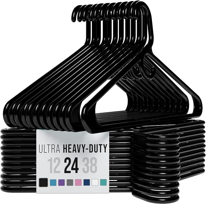 NEATERIZE Thick Heavy Duty Hangers - Black Plastic Clothes Hangers 24 Pack - Great for Coat Hanger, Jackets Jeans & Suit Hanger for Closet - New Apartment Essentials Percheros Ganchos para Colgar Ropa by Neaterize
