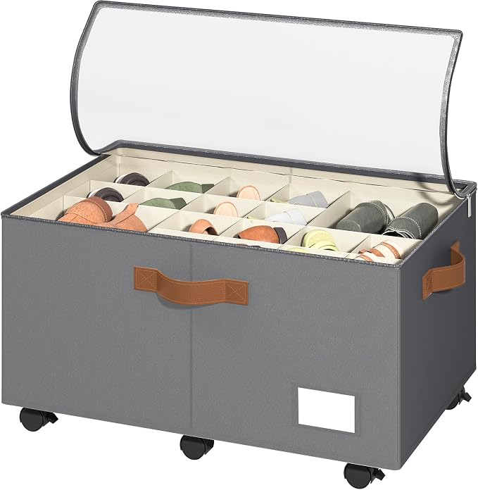 Foyego Shoe Organizer for Closet, Shoe Storage Organizer with Wheels and Adjustable Dividers, Stackable Shoe Storage Box with Clear Cover, Foldable Closet Shoe Organizer Fits up to 24-48 Pairs, Gray by Foyego