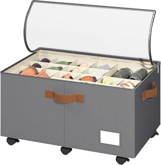 Foyego Shoe Organizer for Closet, Shoe Storage Organizer with Wheels and Adjustable Dividers, Stackable Shoe Storage Box with Clear Cover, Foldable Closet Shoe Organizer Fits up to 24-48 Pairs, Gray by Foyego