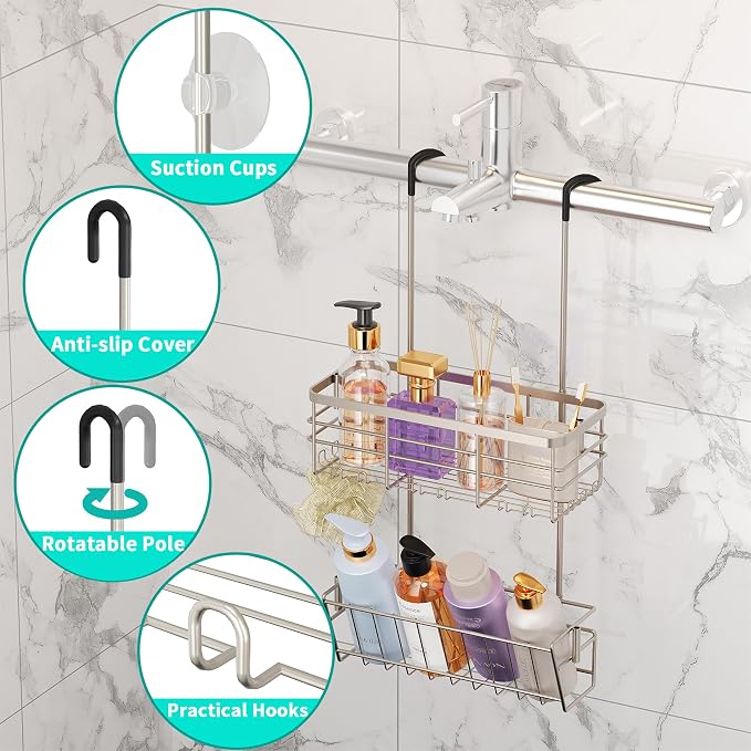 HapiRm Hanging Shower Caddy Organizer - No Drilling Shower Organizer with Inclined Shelf, Rustproof & Waterproof 304 Stainless Steel Bathroom Caddy - Brushed Nickel - Image 2