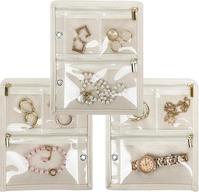 Travel Jewelry Organizer Case, Jewelry Bags Jewelry Storage Book Binder with Clear Zipper Velvet Pouch for Traveling,Earrings, Rings, Necklace, Bracelet (Inner Pages,Beige,3 PCS) by LingLingo