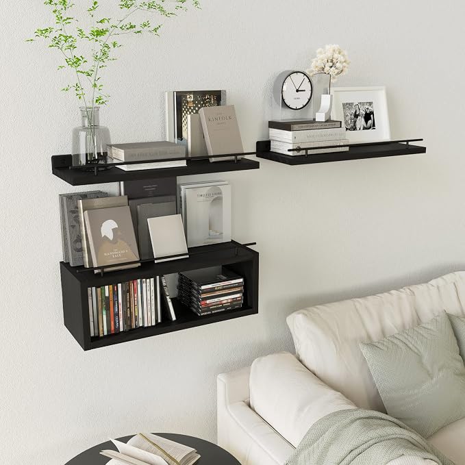 WOPITUES Floating Shelves for Wall with Cube Shelf, Wall Shelves with Metal Rail for Bathroom Decor, Bathroom Organizers and Storage, Over Toilet Shelves for Toilet Paper-Black - Image 5