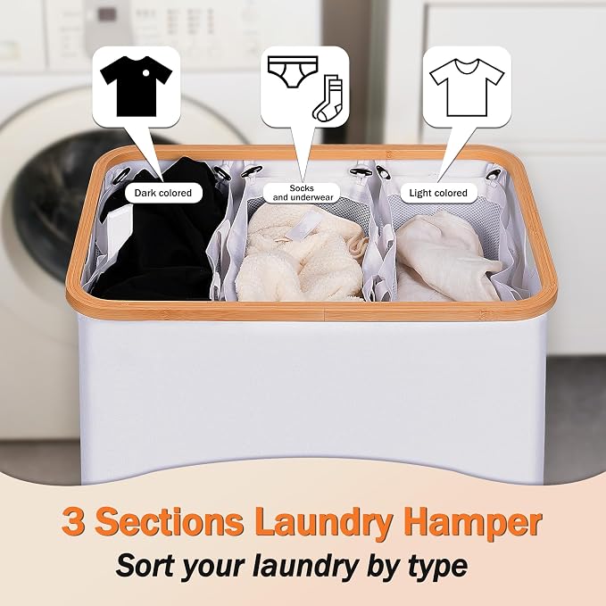 efluky Laundry Hamper with Lid, Double Laundry Hamper with 2 Removable Bags, 2 Section Laundry Basket with Bamboo Handles for Bathroom, Bedroom & Laundry Room (White, 160L Trio) - Image 4
