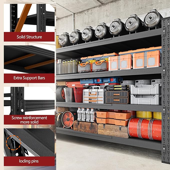 RAVIGIN 8000LBS Storage Shelves, 68" W Garage Shelving Heavy Duty Metal Adjustable Garage Shelves, Shelving Units Industrial Shelving for Warehouse, 68" W x 24" D x 63.4" H, Black - Image 5