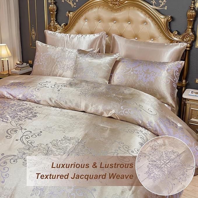 Jacquard Queen Comforter Set with Sheet Set Gold Bedding Set 8 Pcs Embroidery Neoclassical Floral Pattern Bed Home Decor Soft Down Comforter Luxury Hotel Silky Bed in a Bag with 1 Cushion Cover