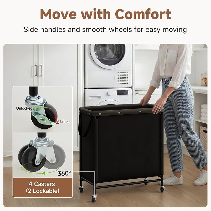 StorageWorks 3 Section Laundry Hamper, Rolling Laundry Cart with Wheels and Handles, Laundry Room Double Sorter for Organizer and Storage, 31.7 Gal(120L), Black - Image 4
