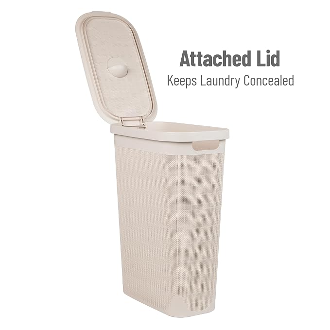Mind Reader Slim Laundry Hamper with Lid, 40L Clothes Basket, Linen Design, Plastic, Ivory - Image 5