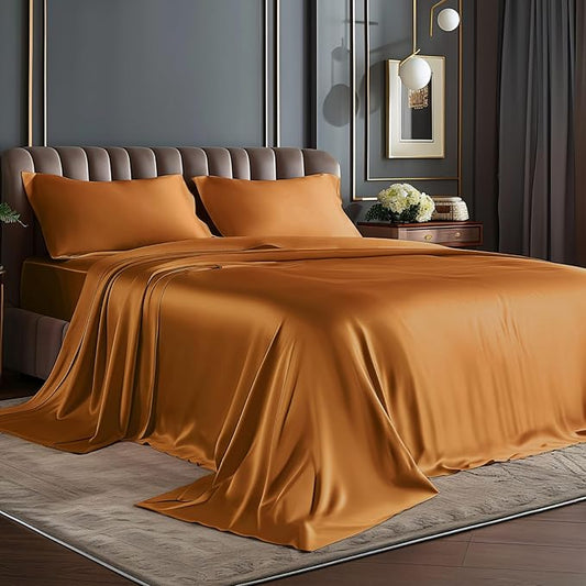 BEDELITE California King Sheets Set, Luxury Soft Burnt Orange Satin Sheets for Hair and Skin, Similar to Silk Bed Sheets Set 4 Pieces with 1 Deep Pocket Fitted Sheet, 1 Flat Sheet, and 2 Pillowcases