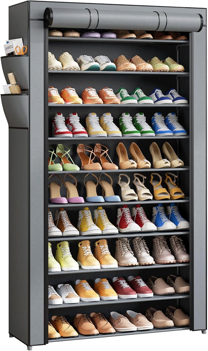 Kitsure Shoe Rack - 10-Tier Shoe Organizer with Zippered Dust Cover & Side Pockets, Easy to Assemble, Space Saving Shoe Rack for Closet, Entryway, Living Room, 33" x 12.4" x 69.3", Grey by Kitsure