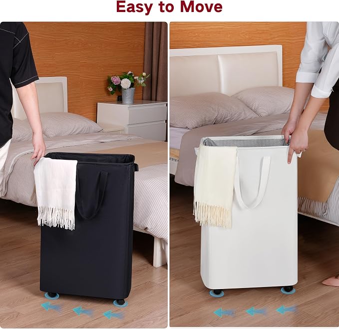 efluky Slim Laundry Hamper with Wheels, Rolling Laundry Basket for Clothes, Small Laundry Basket for Bedroom, Dorm and Laundry Room, 75L (19.8 Gallons) White - Image 2