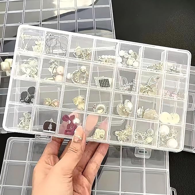 Yansanido 24 Grids Jewelry Organizer, 2 Pcs 7.5 In x 5.2 In Fixed Clear Plastic Storage Box Earring Tool Small Items Containers (2) - Image 3