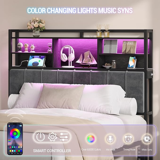 Hzuaneri Headboard with 3-Tier Storage Shelves, Velvet Upholstered Head Board with 2 Outlets, USB Ports & LED Light, Soft Backrest for Queen Size Bed, Black BH15204B