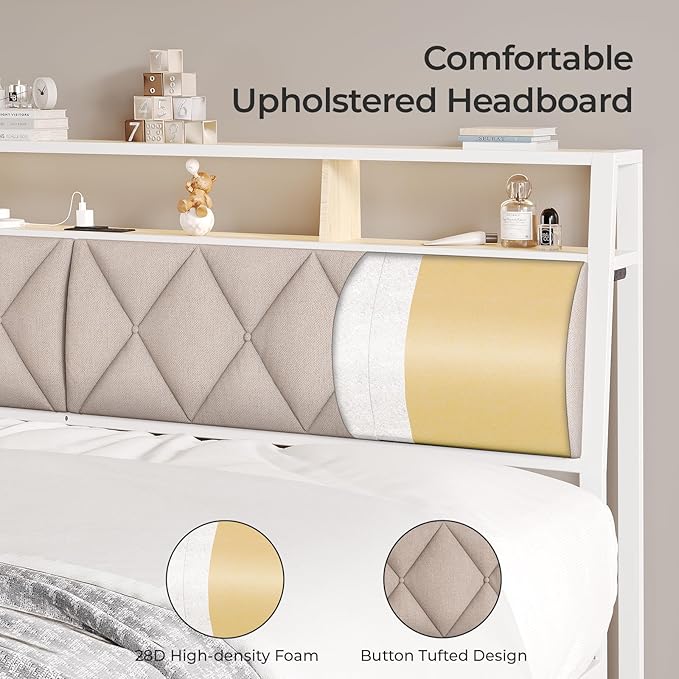 Full Headboard Only, Headboard for Full Size Bed with Storage, Upholstered Headboards with LED Lights & Charging Station, Attach Frame, Ideal for Bedroom/Dorm/Guest Room, White & Beige