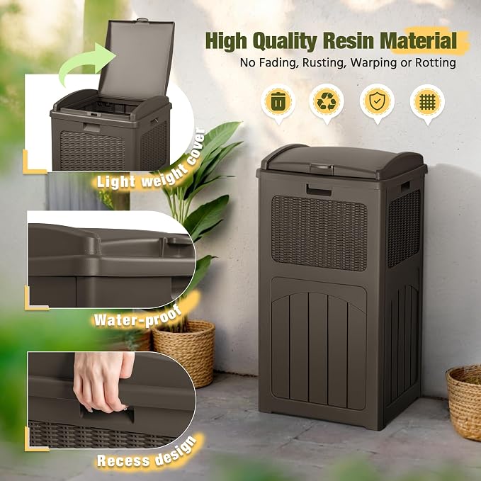 Devoko 33 Gallon Outdoor Trash Can, Hideaway Garbage Bins with Tiered Lid, Waterproof Resin Outside Waste Bins for Patio, Outside Pool, Backyard and Deck(1, Deep Brown) - Image 2