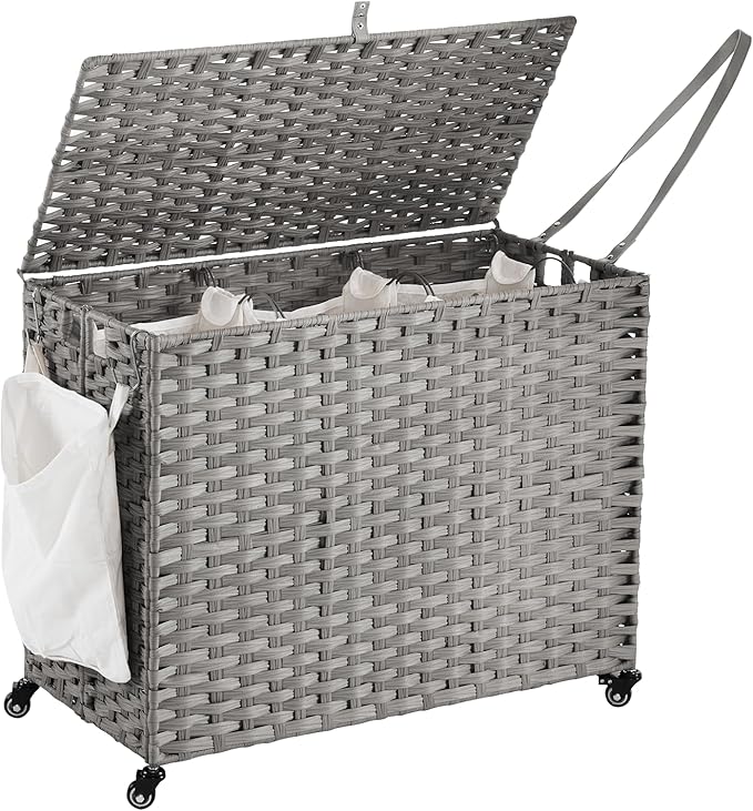 Laundry Hamper with Wheels, 52.8 Gallon(200L) Rolling Laundry Basket with Lid, 3-Section Rattan Clothes Hamper with 3 Removable Liner & 3 Mesh Bags, Laundry Sorter with Side Pocket, Grey by Hiagnete