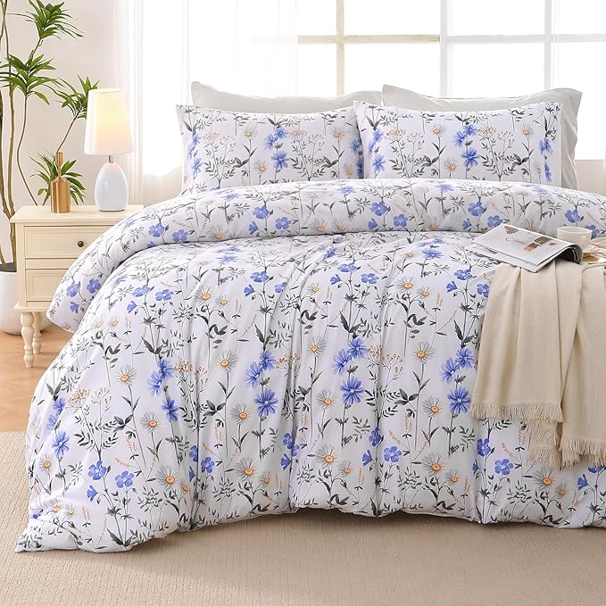 MUXHOMO Blossom Blue Full Comforter Set, Elegant Floral Print Bed in a Bag 7 Pieces, Ultra Soft & Breathable Reversible Botanical Pattern Bedding Set with Comforter, Sheets, Pillowcases, and Shams