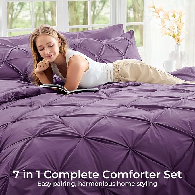 Sasttie California King Comforter Set, 7-Piece Bed in a Bag Cal King, Pintuck Bedding Set for All Season, Includes Comforter, Flat Sheet, Fitted Sheet, Pillowcases and Pillowshams, Grape Purple