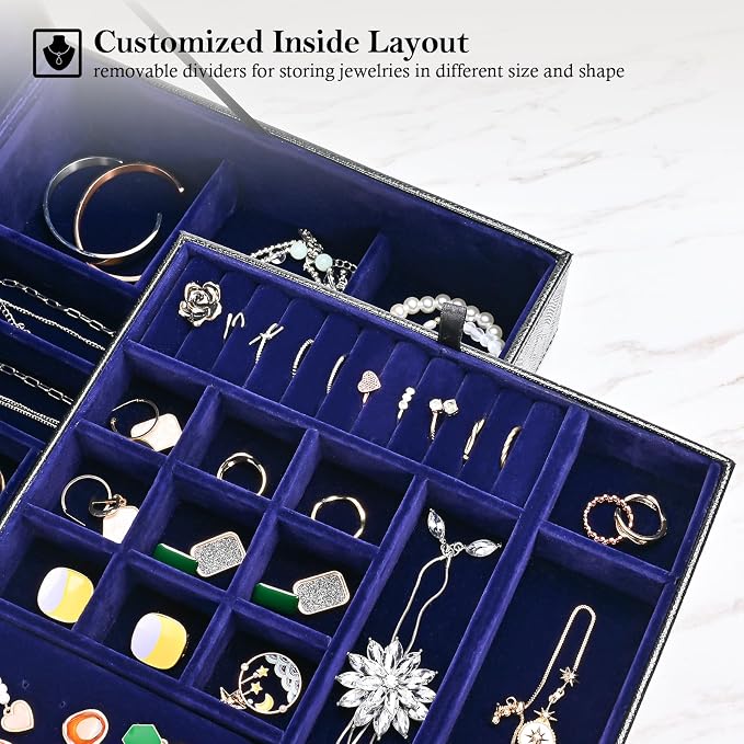 ProCase Jewelry Box for Women, 2 Layers Large Leather Jewelry Organizer Storage Case with Removable Pad for Earrings -Lizardblack - Image 3