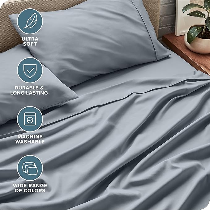 Bare Home Queen Sheet Set - 1800 Ultra-Soft Microfiber Queen Bed Sheets - Double Brushed - Deep Pockets - Easy Fit - 4 Piece Set - Bedding Sheets & Pillowcases (Queen, Steel Blue)