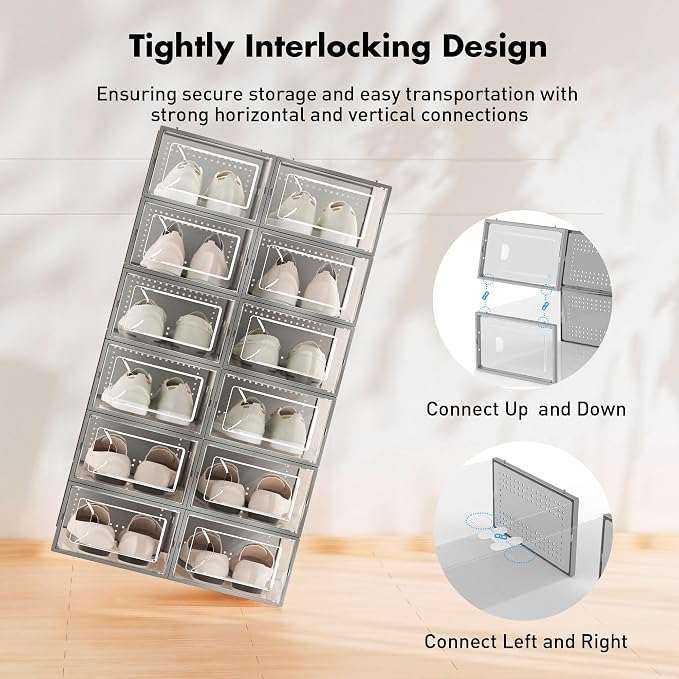 Foluck Shoe Storage Box, 15 Pack Clear Plastic Stackable Shoe Organizer for Closet, Interlocking Design Shoe Container Bins for Sneakers, Foldable Shoe Rack with Lids, Gray - Image 3