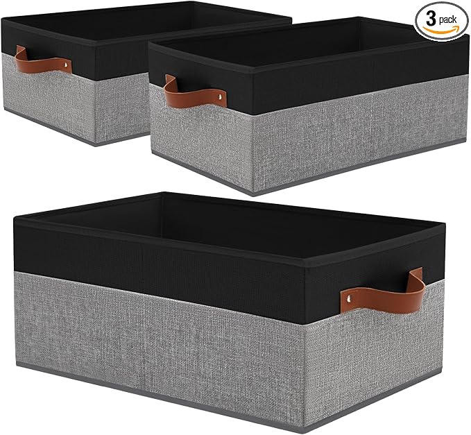 3 Pack Large Capacity Storage Bins Closet Organizer for Shelves, Fabric Closet Storage Baskets Boxes with Leather Handles for Organizing Clothes, Sheets, Jeans, Toys, Books (Black and Grey) by Unknown