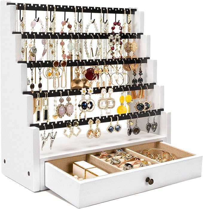 Pinzoveco Earring Organizer, 5 Layer Earring Holder Organizer with Necklace Holder Pole, Rustic Wood Jewelry Organizer Stand Display for Stud Earring Bracelet Necklace Ring, 175 Earring Holes by Pinzoveco