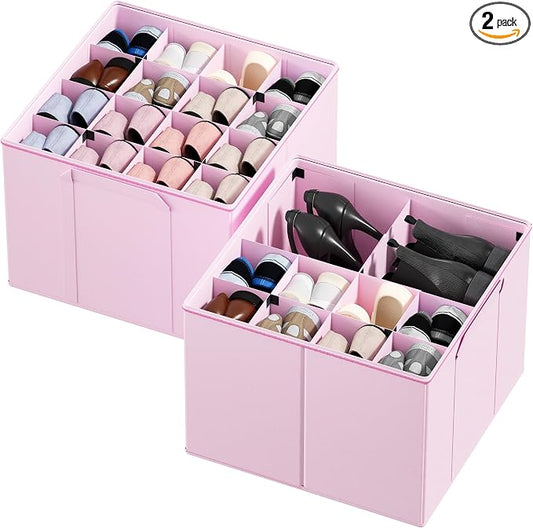 SpaceAid Shoe Organizer for Closet, 2 Pack Foldable Shoe Storage Containers Baskets Boxes Bins w/Adjustable Dividers, Fits 16-32 Pairs, Pink by SpaceAid