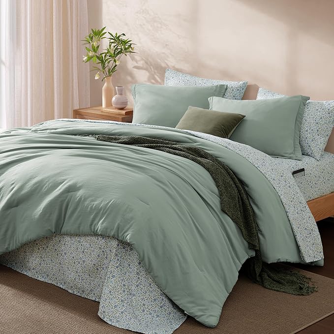 Monbix King Size Comforter Set - 7 Pieces Sage Green Prewashed Bed in a Bag King Bedding Sets with Comforters, All Seasons Ultra Soft Comforter Bed Set with Sheets,Pillowcases & Shams