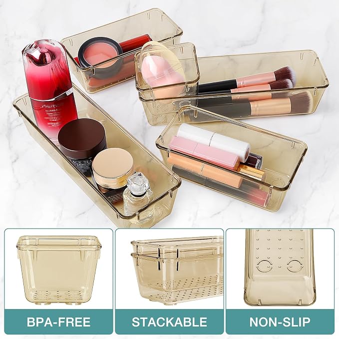 StorMiracle 10 PCS Drawer Organizer Set, 5 Varied Size Bathroom and kitchen Drawer cabinet organizer Trays, Clear Storage Bins for Makeup, Jewelry, Utensils and Gadgets, Champagne - Image 3