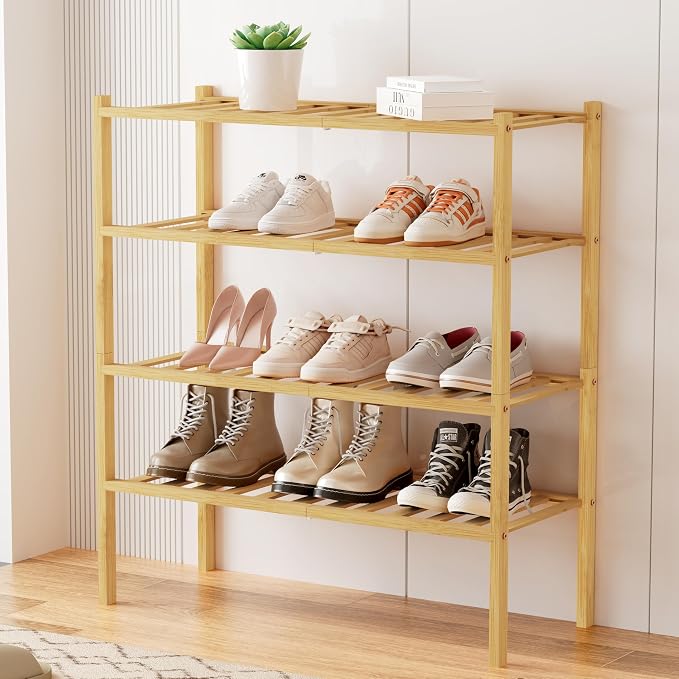Smiry Shoe Rack, 4 Tier Bamboo Shoe Organizer, Stackable Free Standing Wooden Shoe Storage Shelf for Closet, Entryway, Front Door Entrance, Natural - Image 7