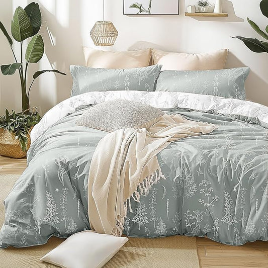 Love's cabin Grey Full Size Comforter Set - Full Comforter Set, 3 Pieces Cute Floral Bedding Sets for All Seasons,1 Soft Reversible Botanical Flowers Comforter and 2 Pillow Shams